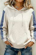 Light Grey Colorblock Denim Sleeve Tunic Pullover Hoodie