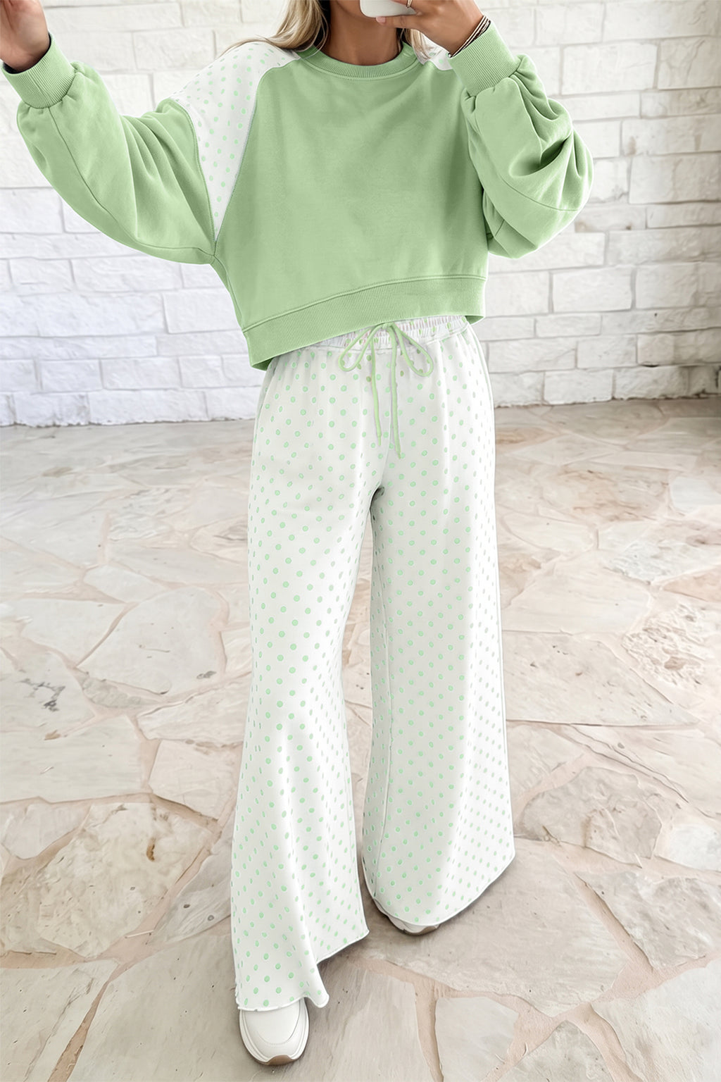 Polka Dot Patchwork Colorblock Long Sleeve Casual Two Piece Pants Set