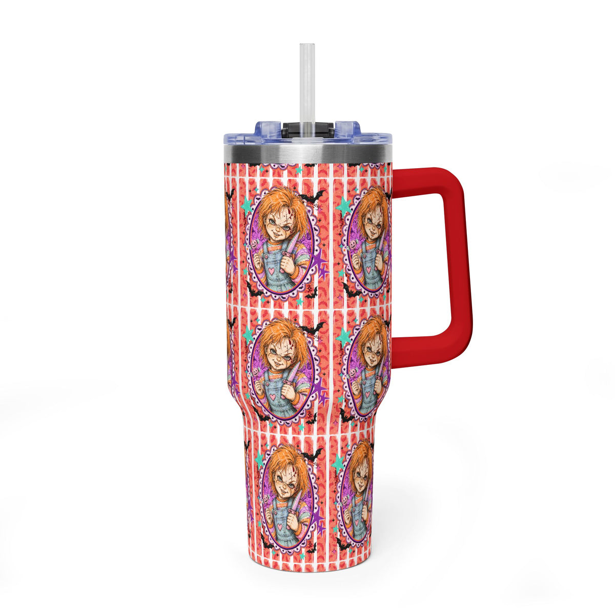 40oz Halloween Chucky Doll Insulated Tumbler — Retro Red Striped Bat Line Stainless Vacuum Cup