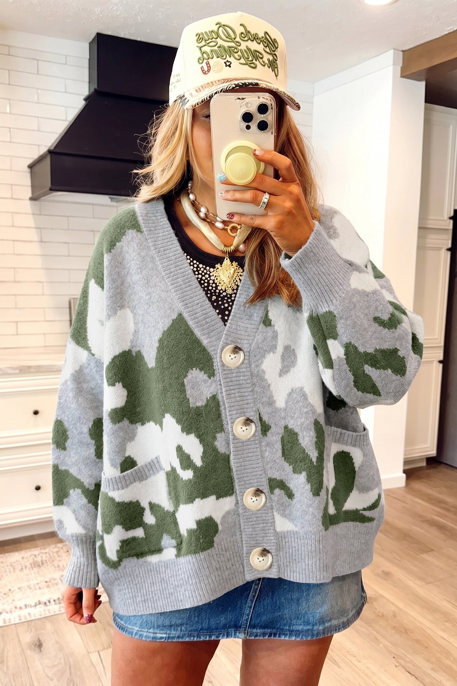 Green Camouflage Drop Shoulder V Neck Button Front Cardigan