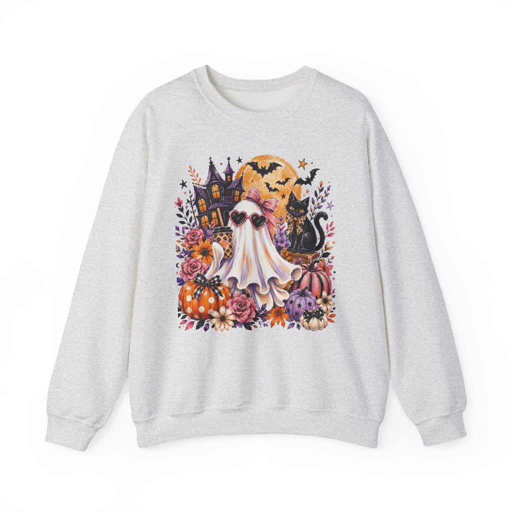 Halloween Ghost Crewneck Sweatshirt — Cute Ghost, Pumpkins & Black Cat Halloween Pullover