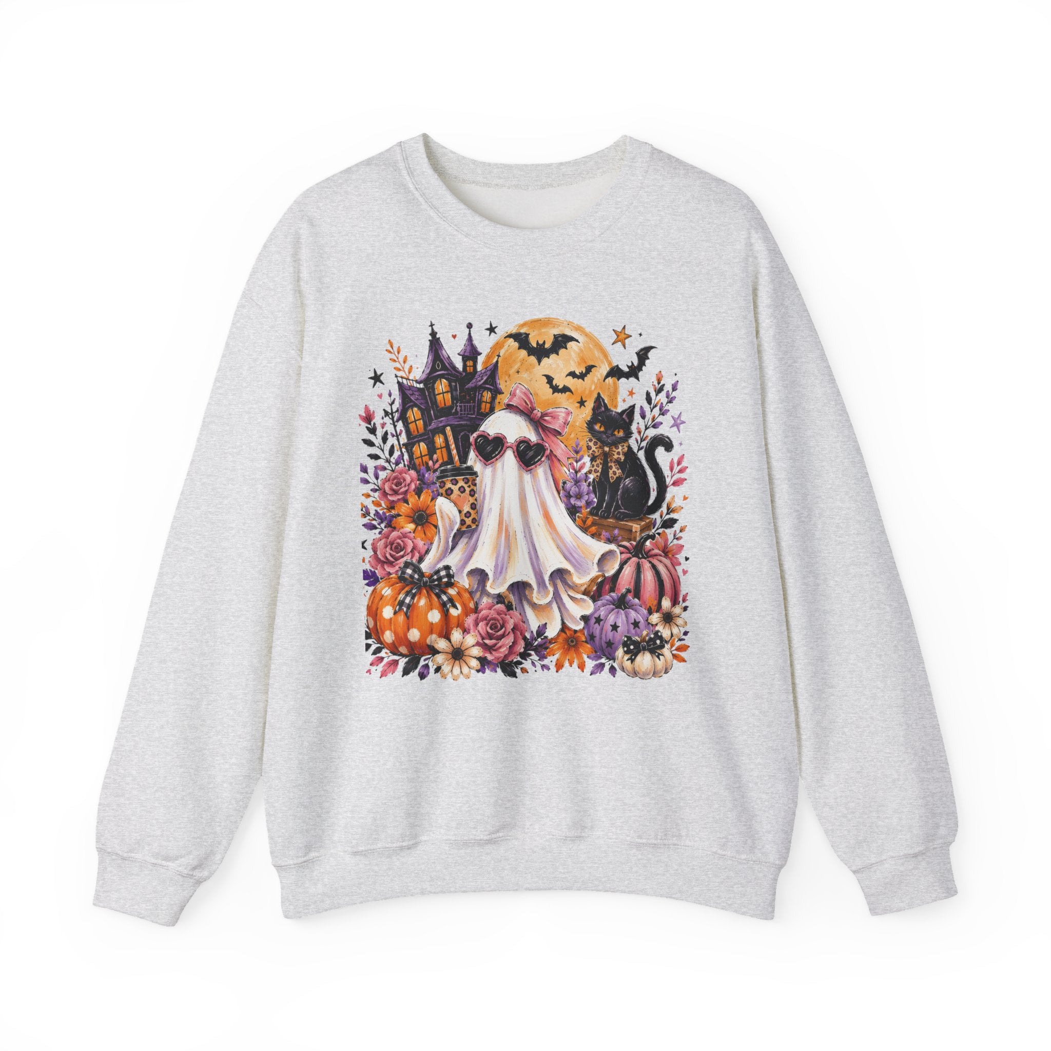 Halloween Ghost Crewneck Sweatshirt — Cute Ghost, Pumpkins & Black Cat Halloween Pullover
