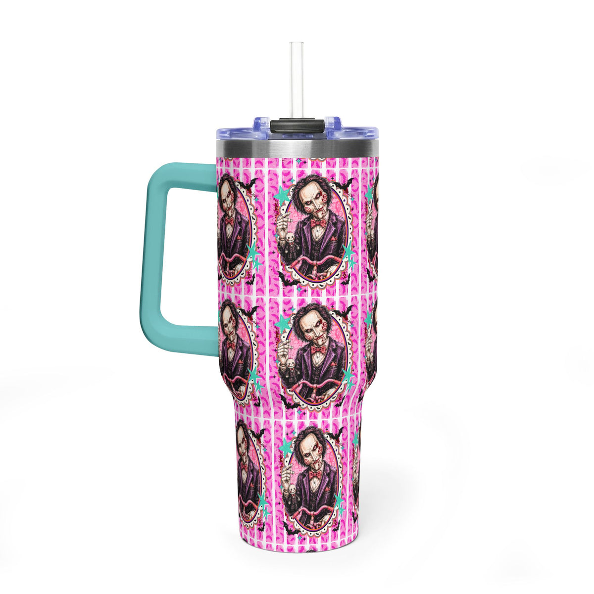 40oz Halloween JigSaw Character Vacuum Tumbler — Gothic Victorian Portrait Pink Pattern