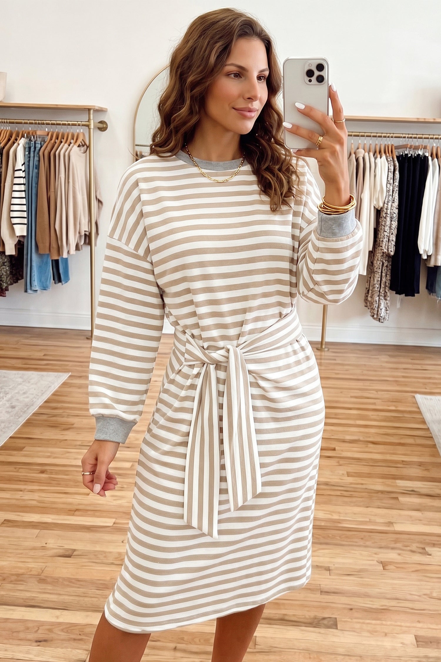 Khaki Stripe Striped Colorblock Cuffs Round Neck Long Sleeve Shift Dress