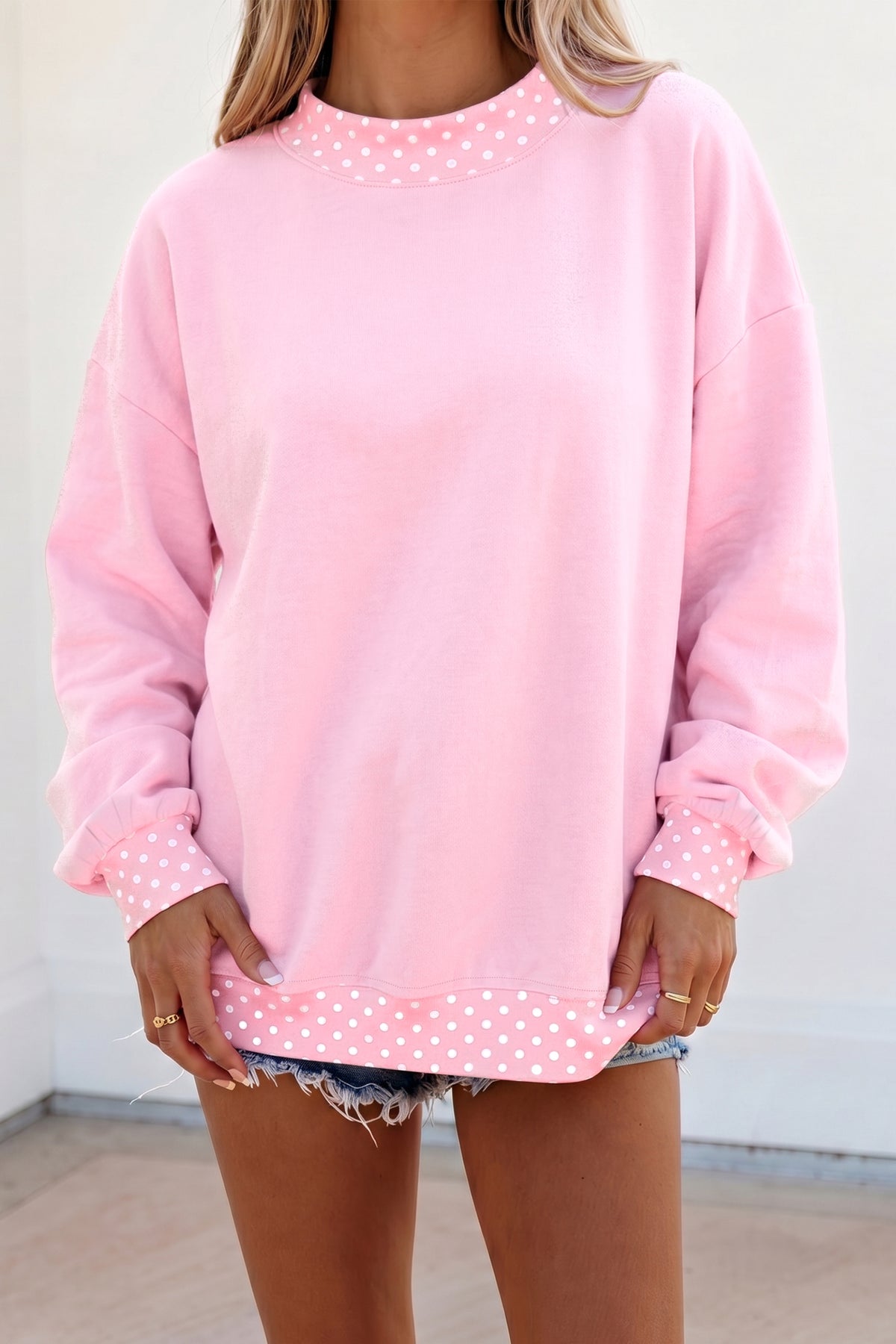 Tillandsia Purple Colorblock Polka Dot Contrast Trim Oversized Sweatshirt