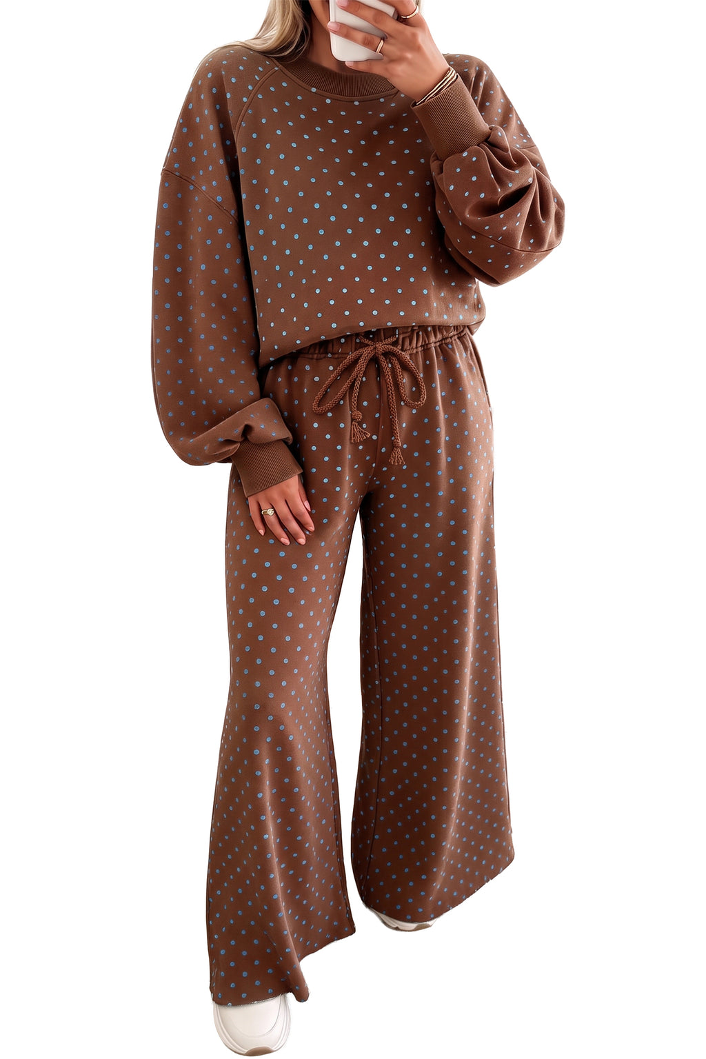 Blue Polka Dot Drawstring Wide Leg Long Sleeve Top Pant Set