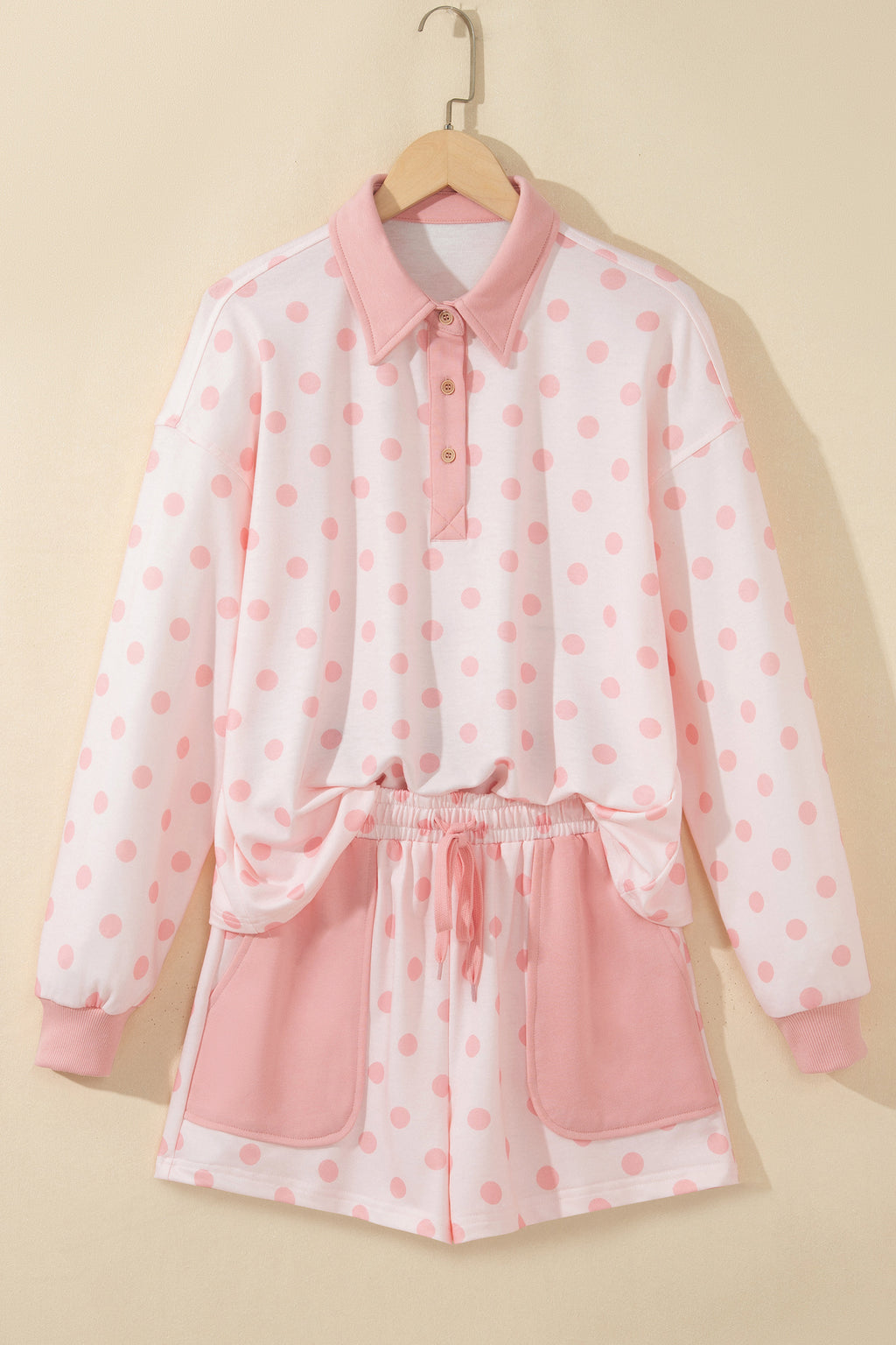 Sky Blue Polka Dot Drop Shoulder Polo Loose Pullover Patch Pocket Casual Shorts Set