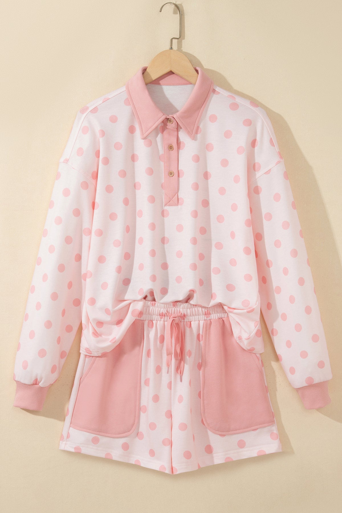 Sky Blue Polka Dot Drop Shoulder Polo Loose Pullover Patch Pocket Casual Shorts Set