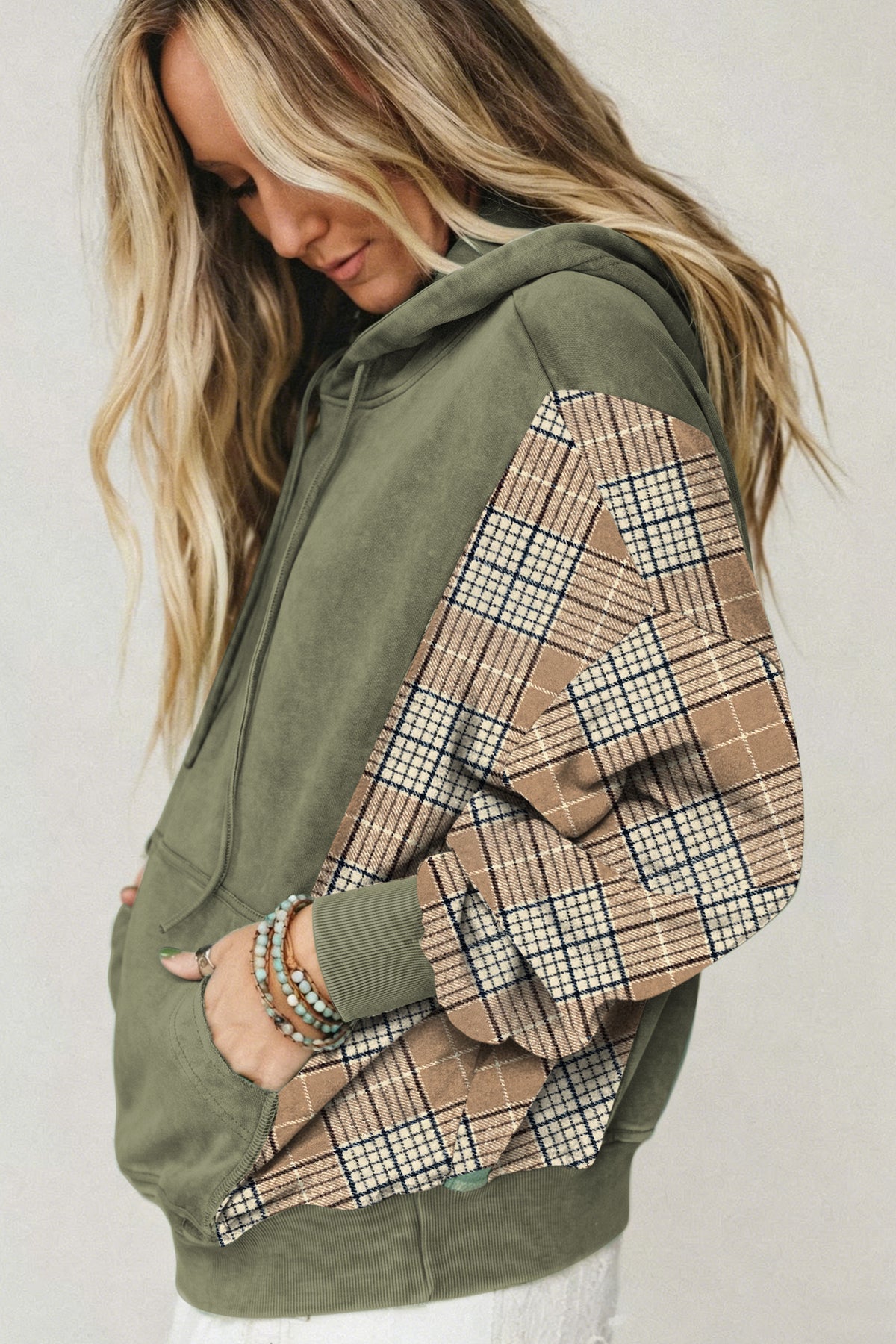 Moss Green Plaid Sleeve Drawstring Pocket Hooded Sweatshirt