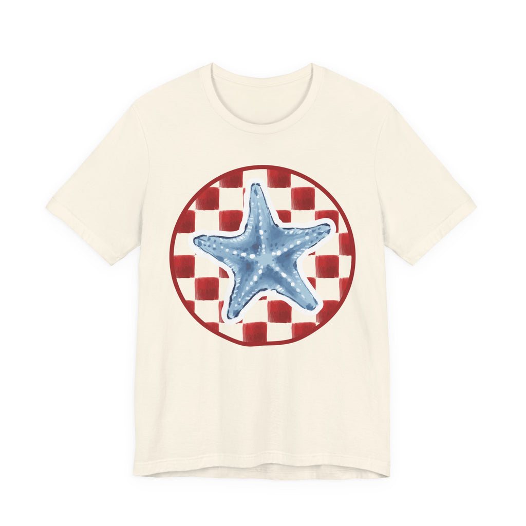 Blue Starfish on Red Check Circle T-Shirt | Nautical Beach Tee