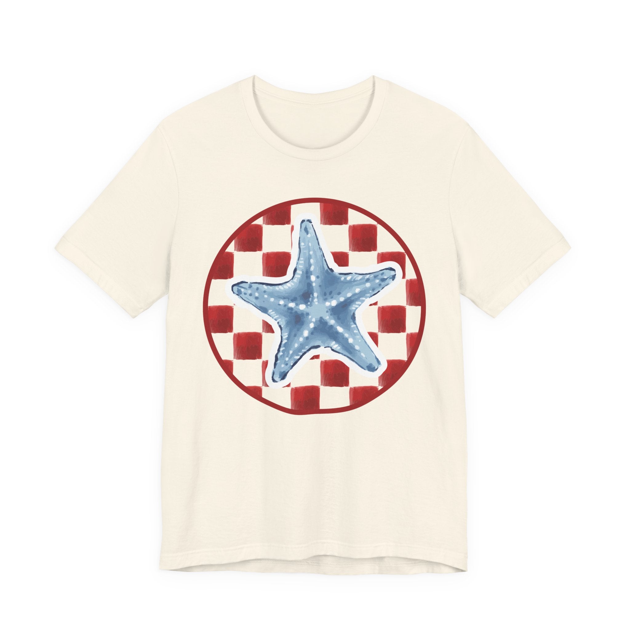 Blue Starfish on Red Check Circle T-Shirt | Nautical Beach Tee