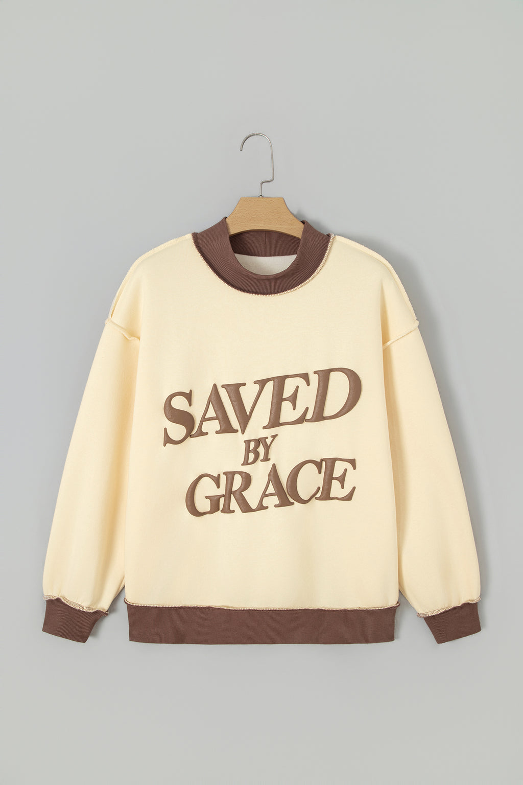 Beige Saved By Grace Print Color Block Mock Neck Oversized Sweatshirt