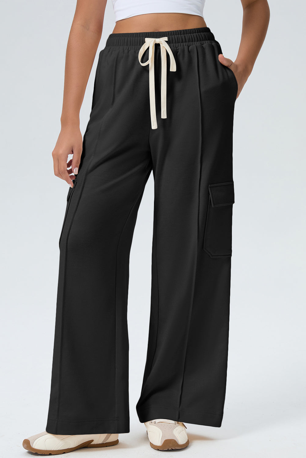 Black Solid Color Drawstring Elastic Waist Cargo Patch Pocket Active Pants