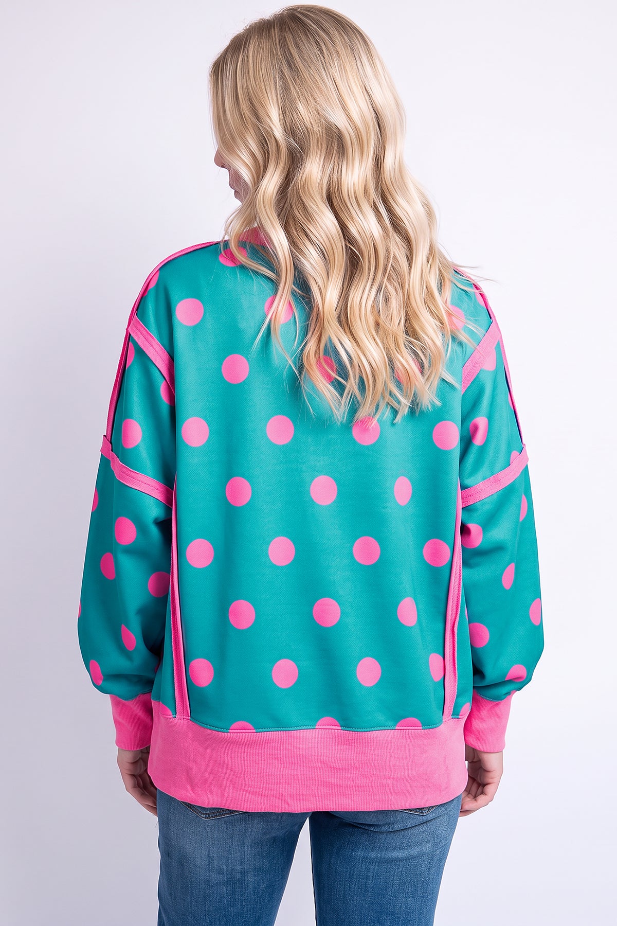 Blue Polka Dot Contrast Patchwork Round Neck Baggy Sweatshirt