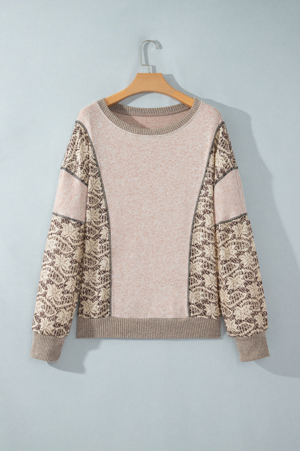 Womens Khaki Floral Print Round Neck Long Sleeve Shift Top