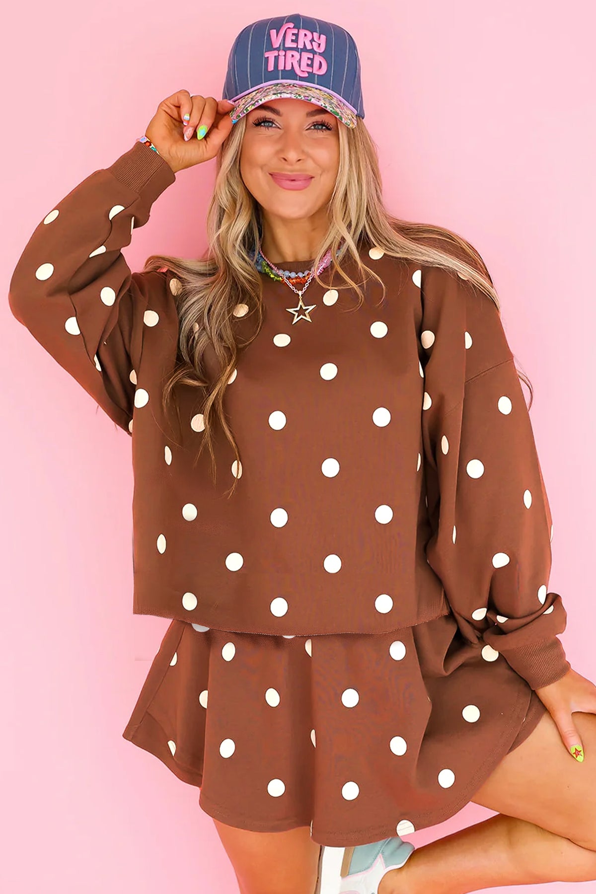 Red Polka Dot Raw Hem Relaxed Pullover Loose Skort Two Piece Set
