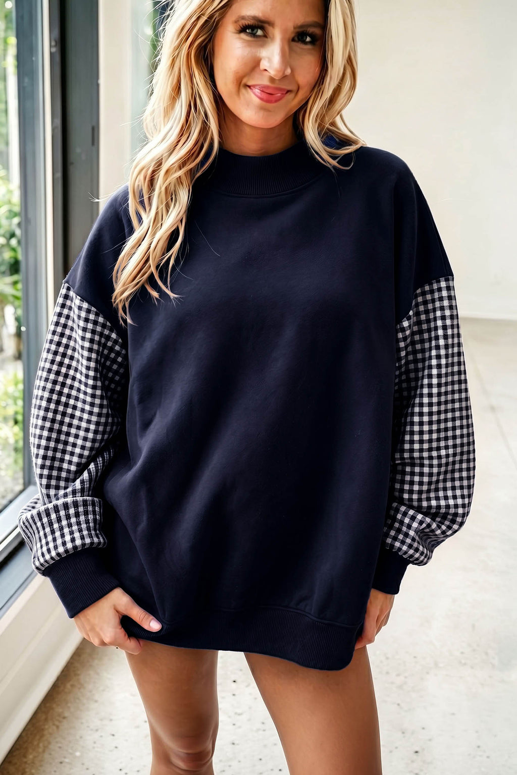 Black Plaid Sleeve Colorblock Loose Tunic Sweatshirt