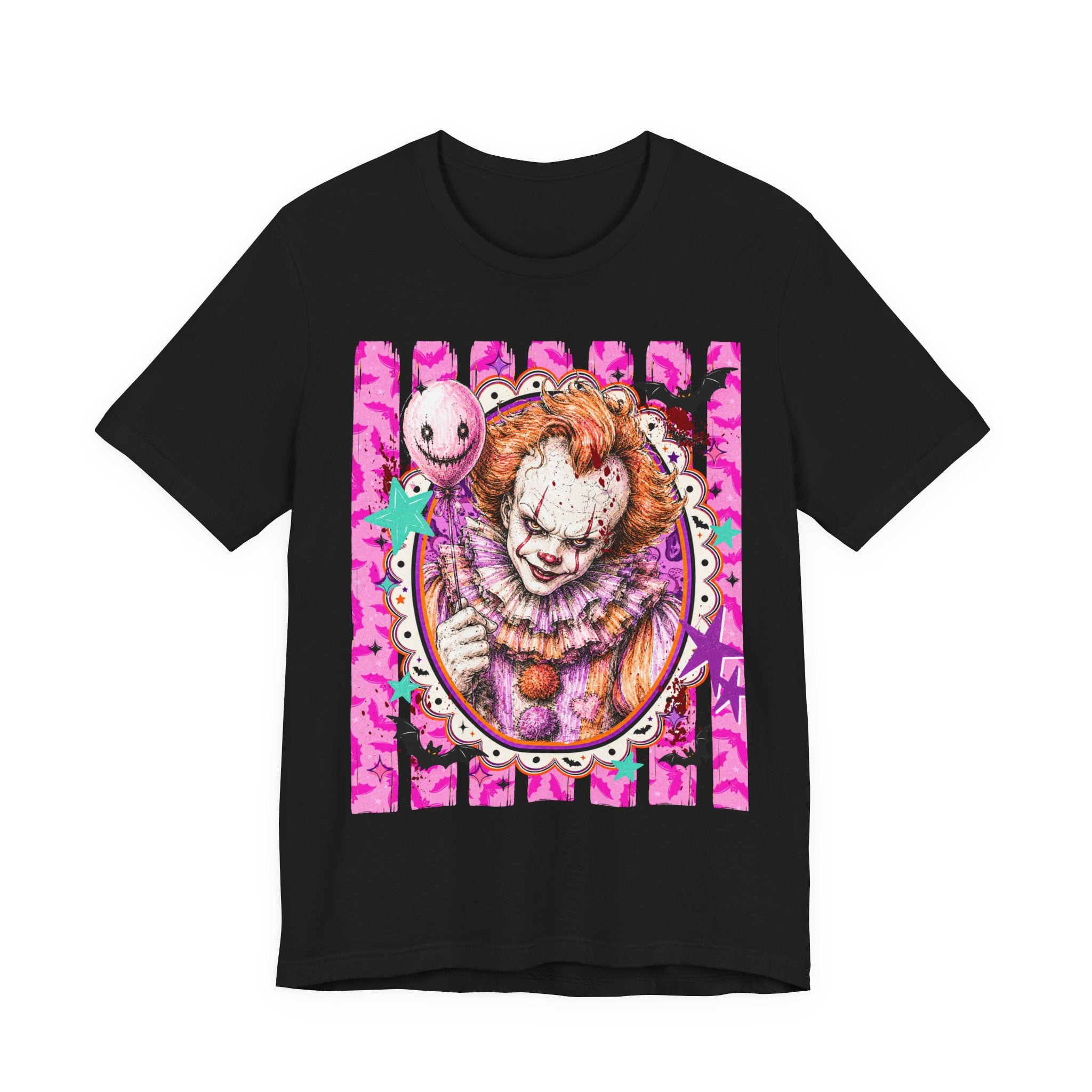 Penny Wise Horror Clown Graphic Tee — Pink Vintage Pennywise Portrait T-Shirt