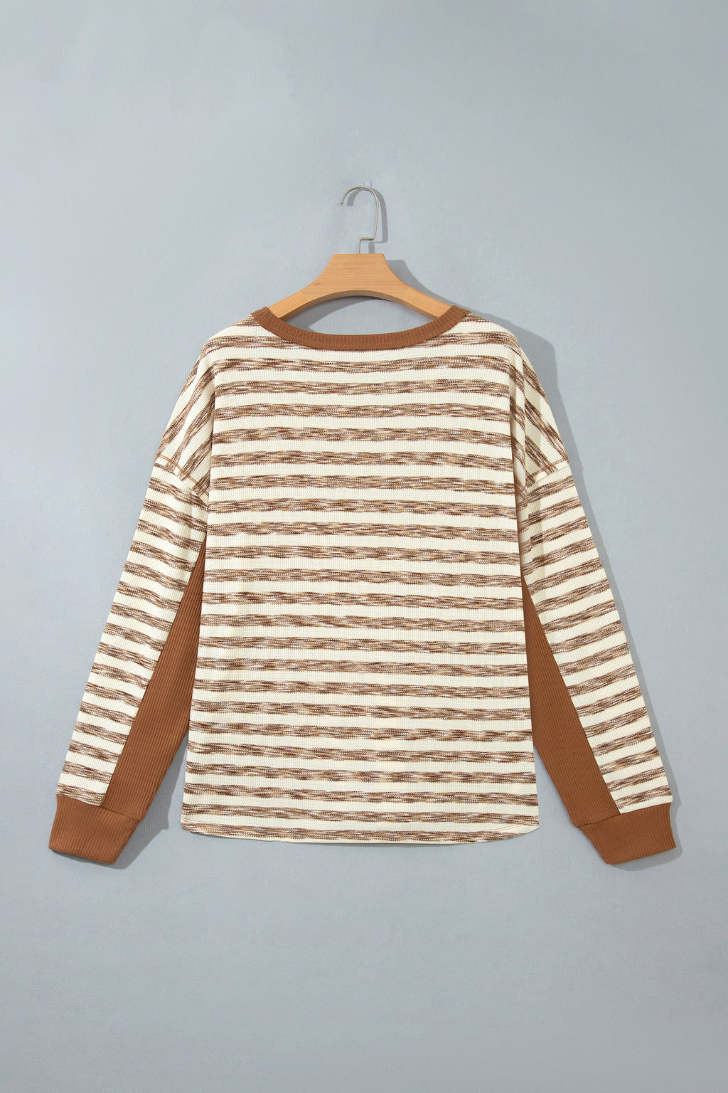 Brown Stripe Textured Knit Color Block Trim Long Sleeve Round Neck Top