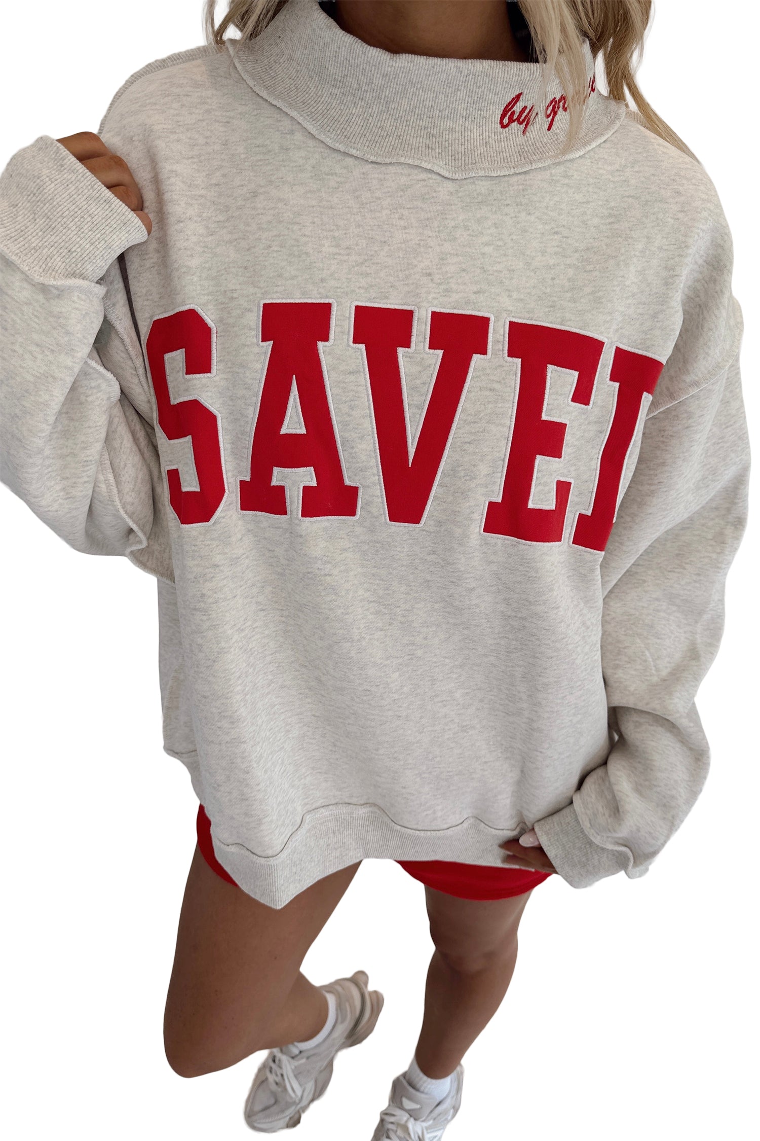 Gray Saved By Grace Embroidered Detail Letter Graphic High Neck Sweatshirt