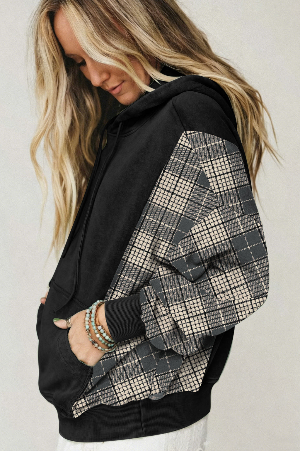 Moss Green Plaid Sleeve Drawstring Pocket Hooded Sweatshirt