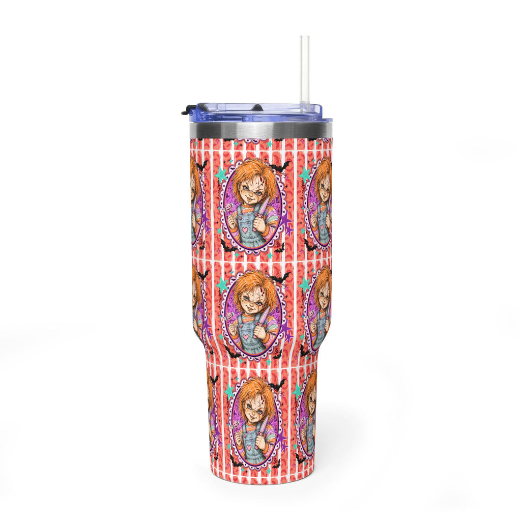 40oz Halloween Chucky Doll Insulated Tumbler — Retro Red Striped Bat Line Stainless Vacuum Cup