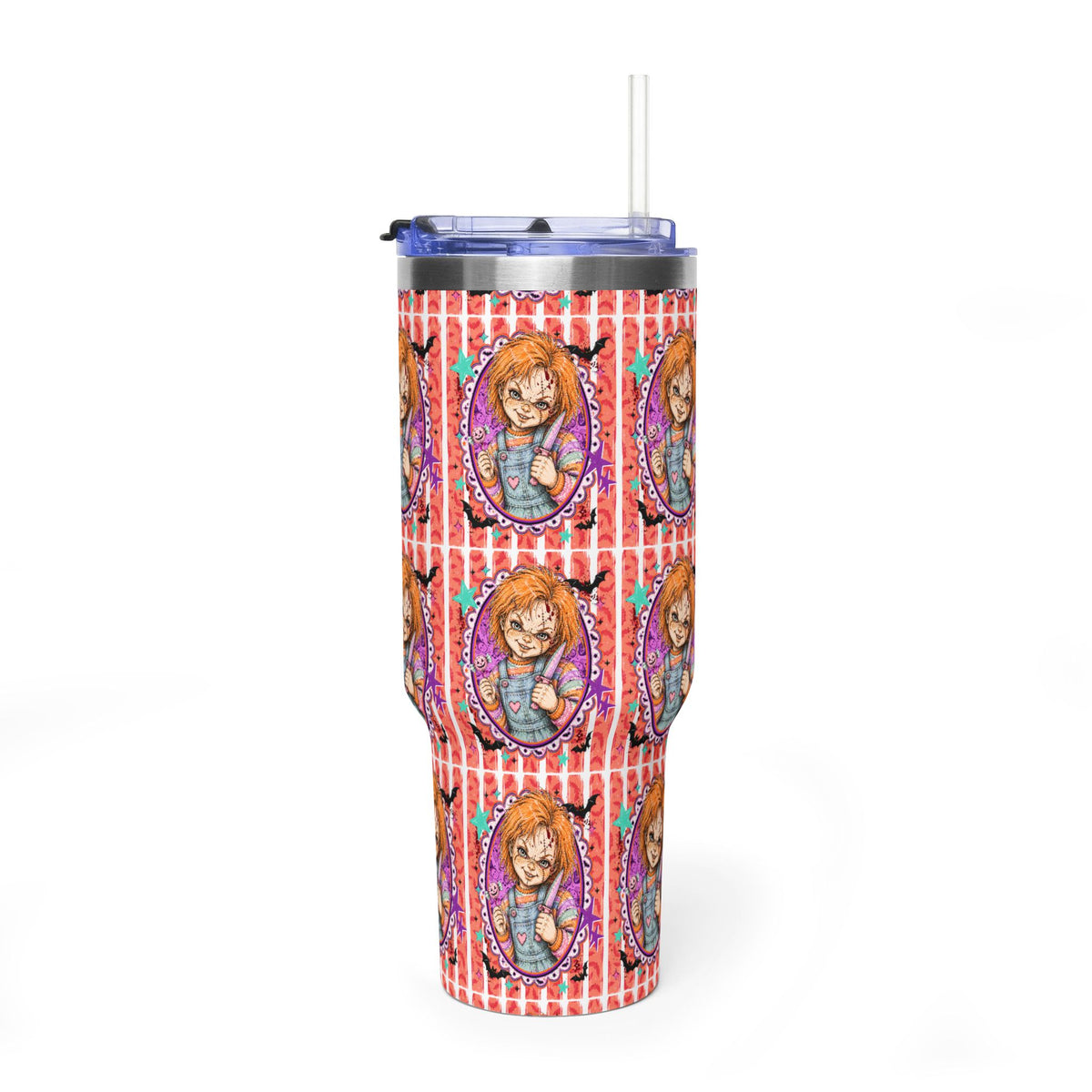 40oz Halloween Chucky Doll Insulated Tumbler — Retro Red Striped Bat Line Stainless Vacuum Cup