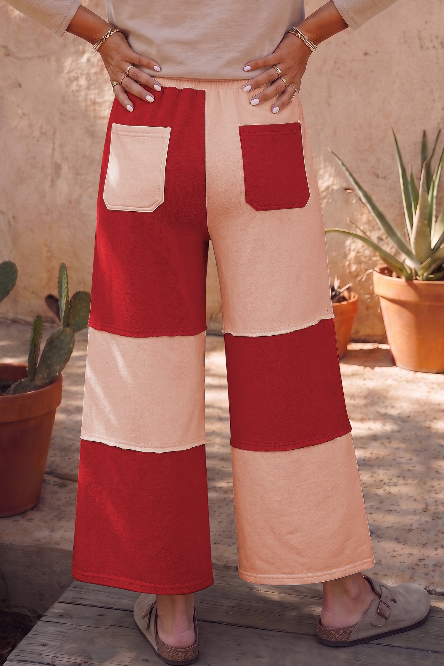 Fiery Red Raw Seam Colorblock Wide Leg Ankle Length Casual Pants