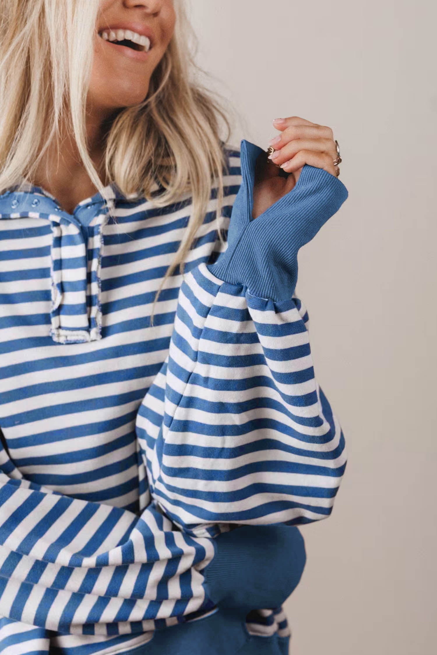 Blue Stripe Color Block Trim Raw Seam Split Hem Loose Pullover Sweatshirt
