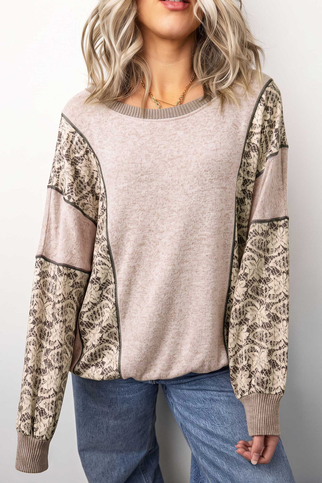 Womens Khaki Floral Print Round Neck Long Sleeve Shift Top