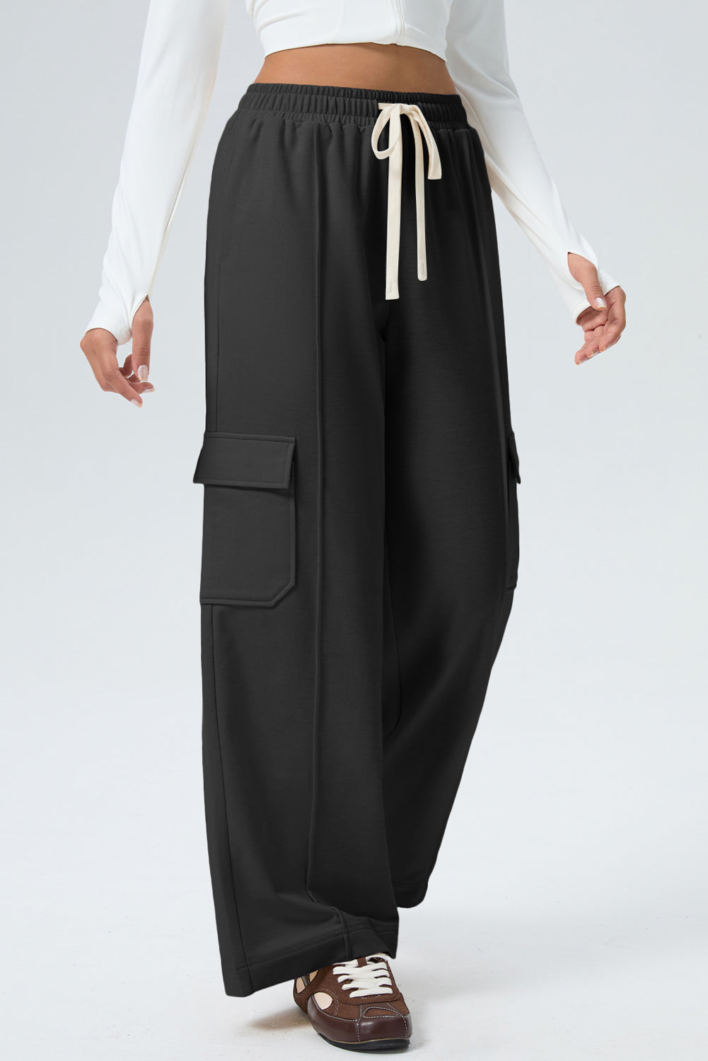 Black Solid Color Drawstring Elastic Waist Cargo Patch Pocket Active Pants