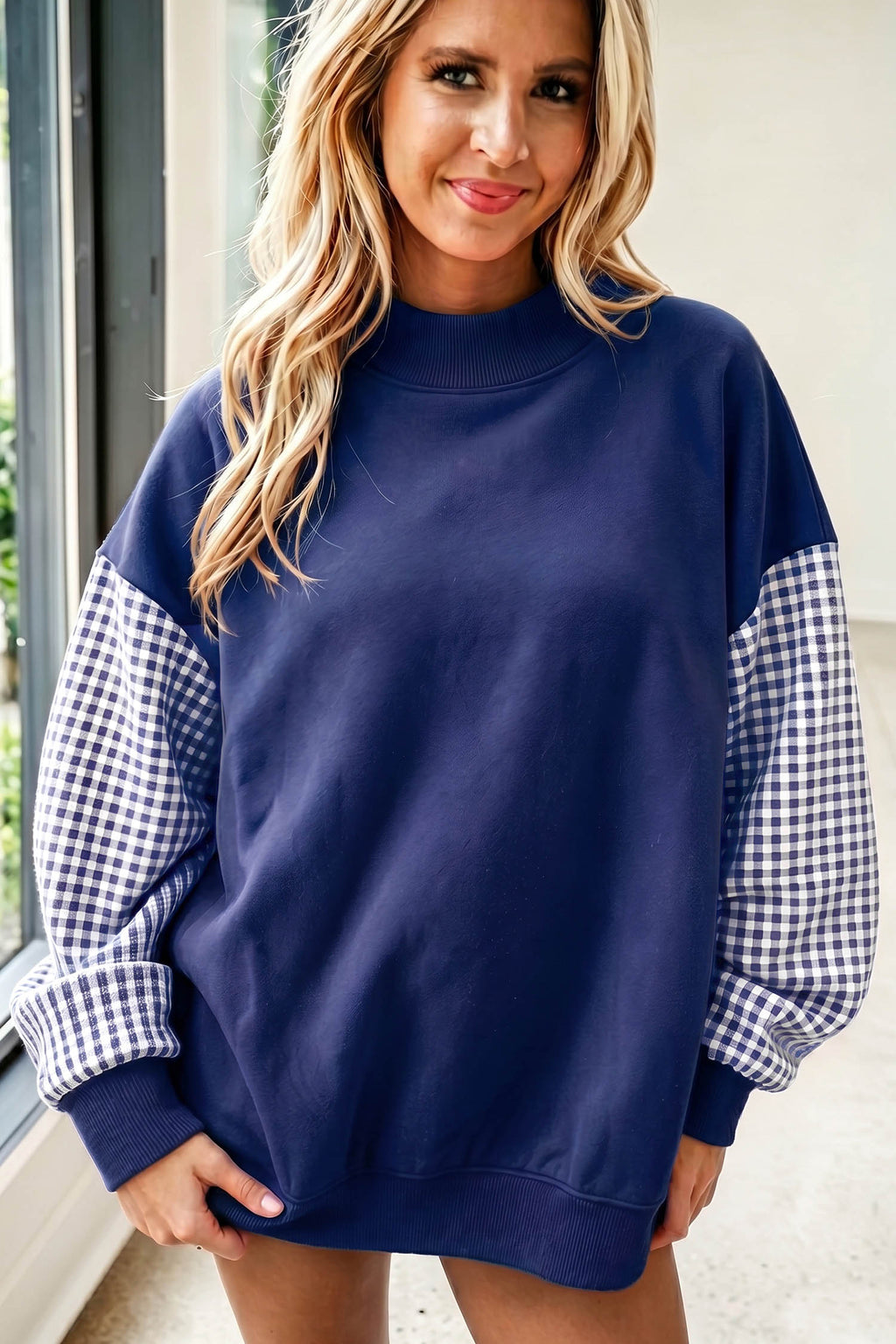Black Plaid Sleeve Colorblock Loose Tunic Sweatshirt
