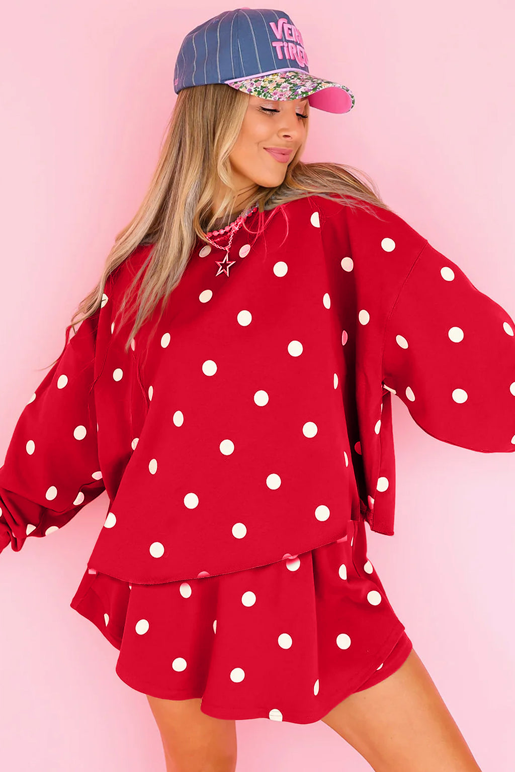 Red Polka Dot Raw Hem Relaxed Pullover Loose Skort Two Piece Set