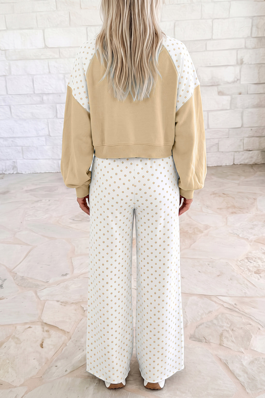 Polka Dot Patchwork Colorblock Long Sleeve Casual Two Piece Pants Set