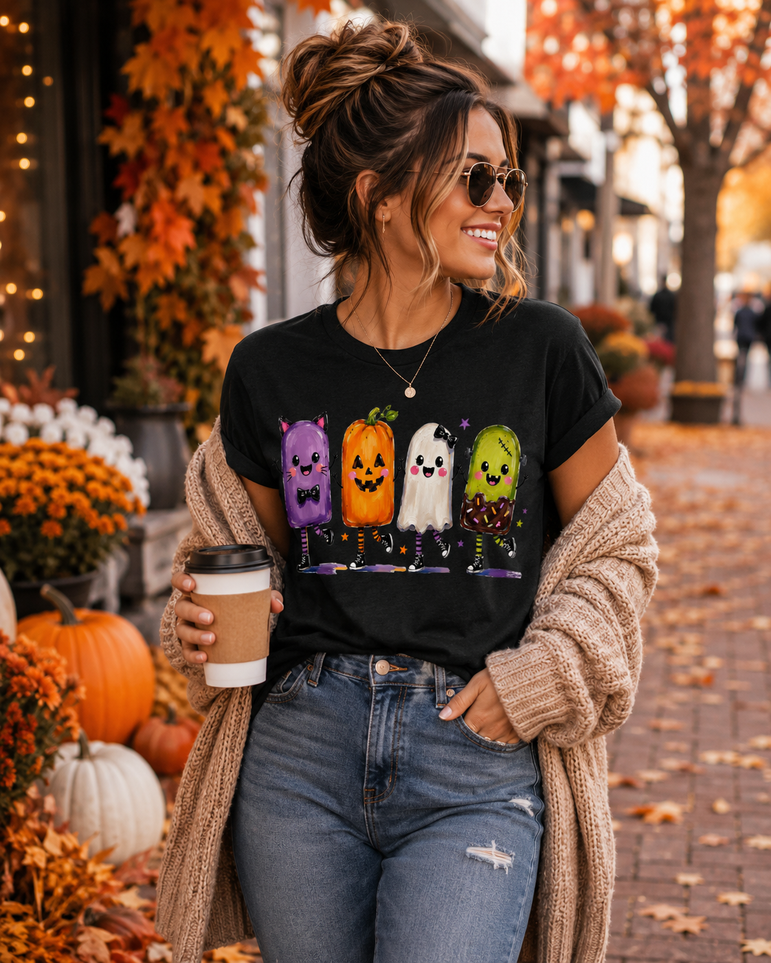 Halloween Popsicle Crew T-Shirt — Cute Dancing Pumpkin, Ghost & Candy Characters
