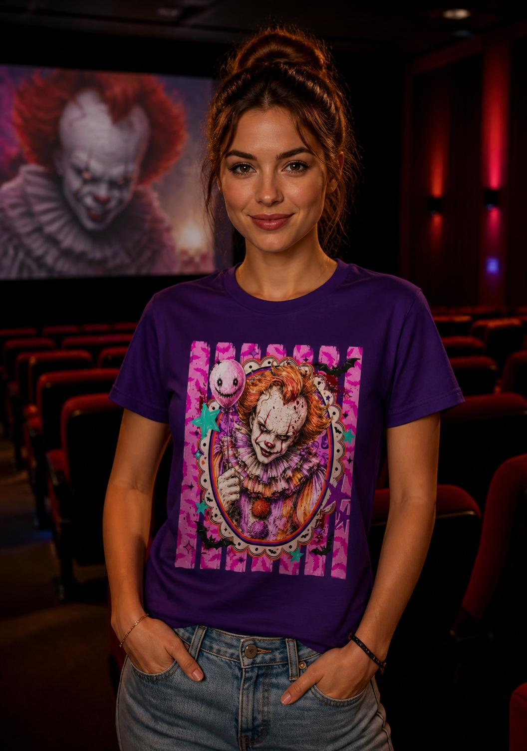 Penny Wise Horror Clown Graphic Tee — Pink Vintage Pennywise Portrait T-Shirt