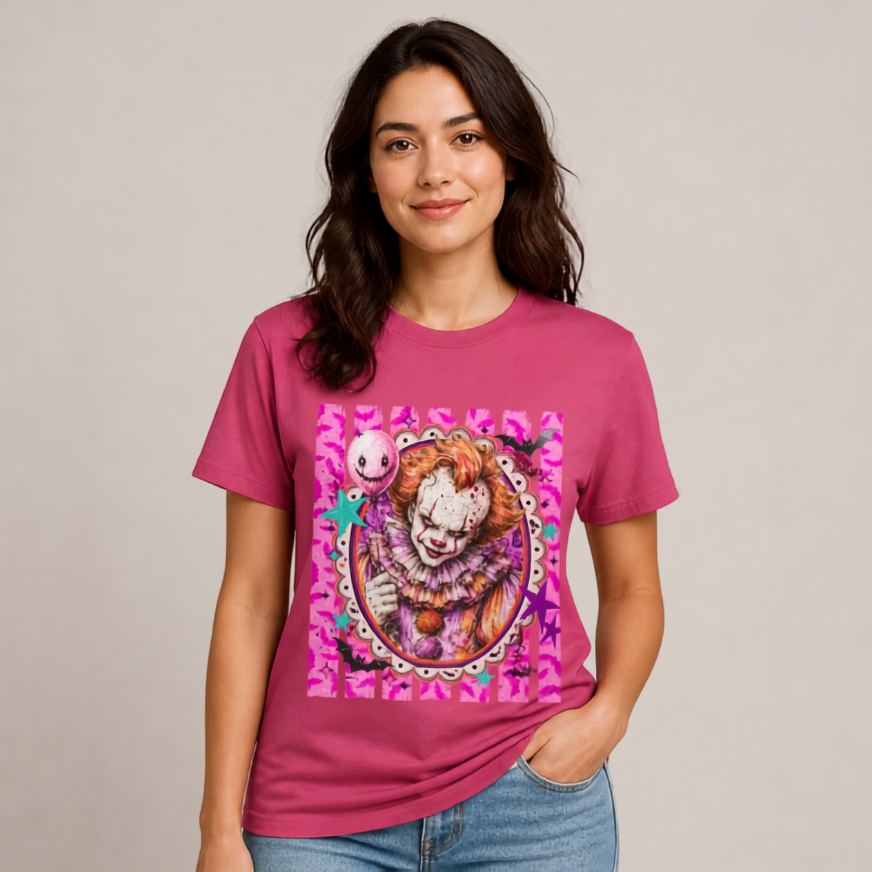 Penny Wise Horror Clown Graphic Tee — Pink Vintage Pennywise Portrait T-Shirt