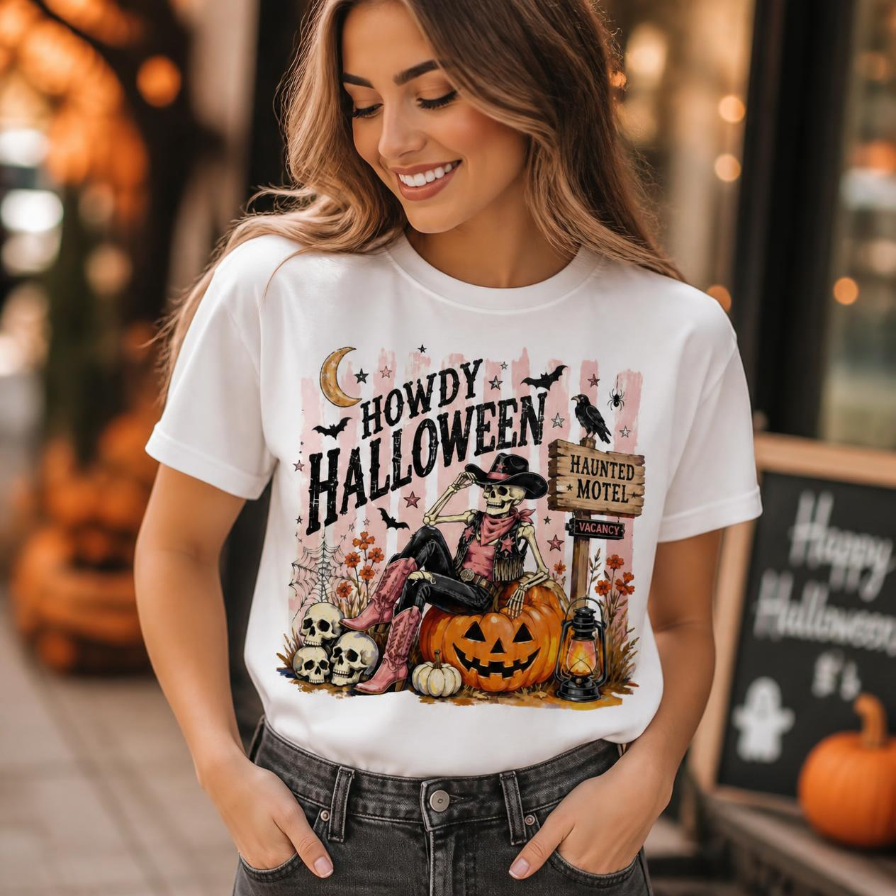 Howdy Halloween T-Shirt — Western Haunted Motel Pumpkin Skull Tee