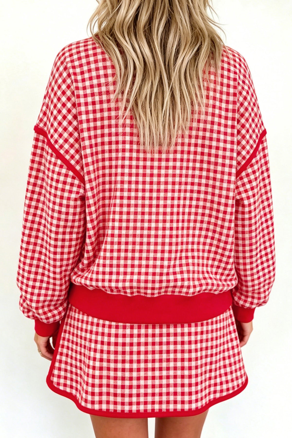 Red Gingham Oversized Ribbed Trim Crew Neck Long Sleeve Top and Skort Set