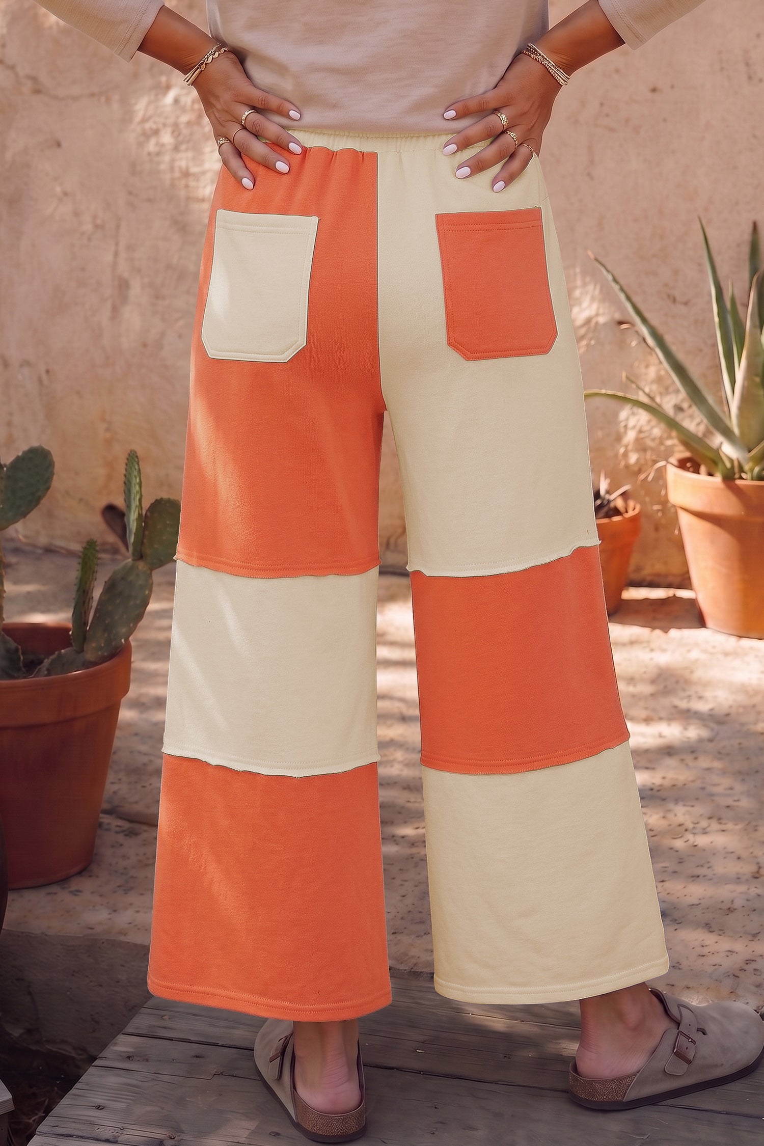 Fiery Red Raw Seam Colorblock Wide Leg Ankle Length Casual Pants