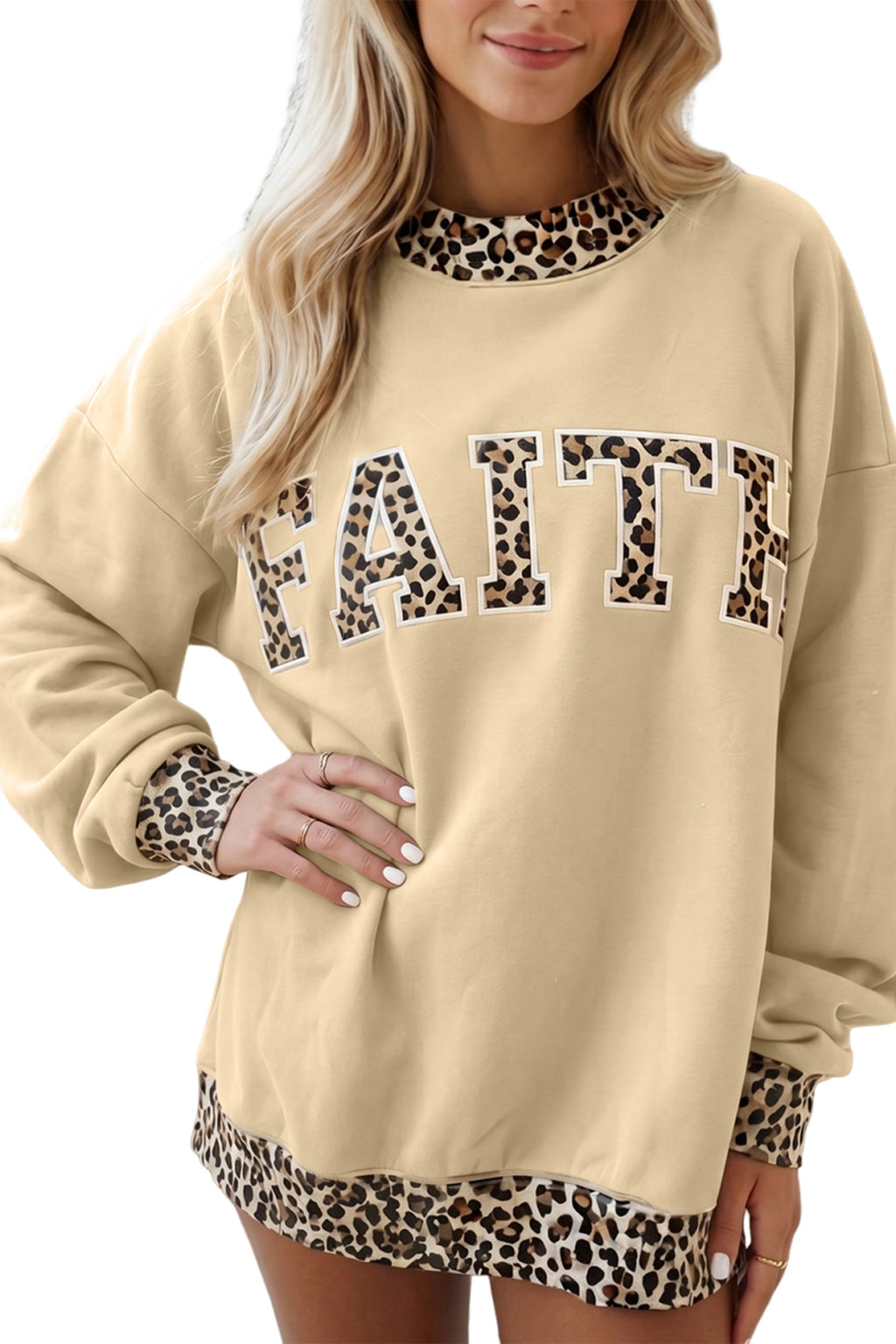 Parchment Trim High Neck FAITH Letter Graphic Baggy Sweatshirt