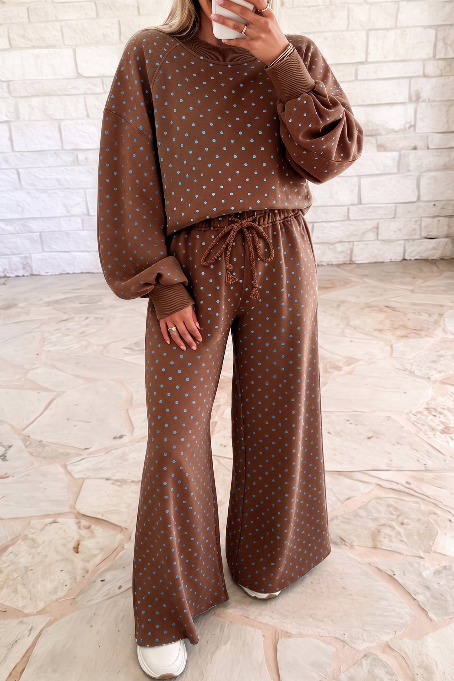 Blue Polka Dot Drawstring Wide Leg Long Sleeve Top Pant Set
