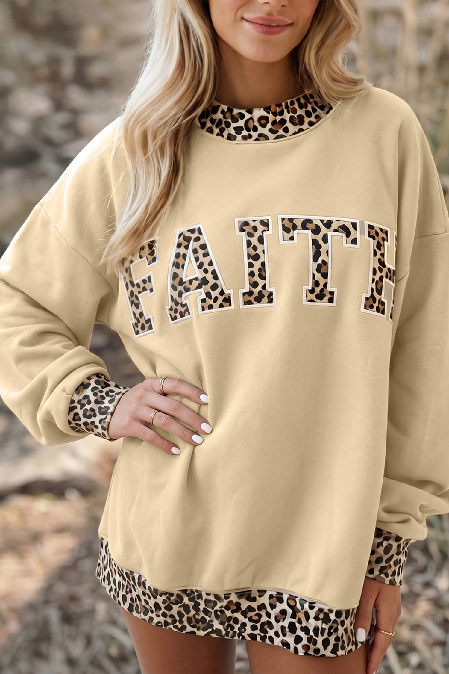 Parchment Trim High Neck FAITH Letter Graphic Baggy Sweatshirt