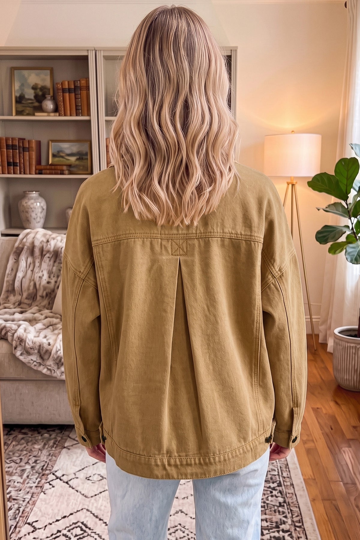 Honey gold Metal Button Front Long Sleeve Collar Denim Jacket