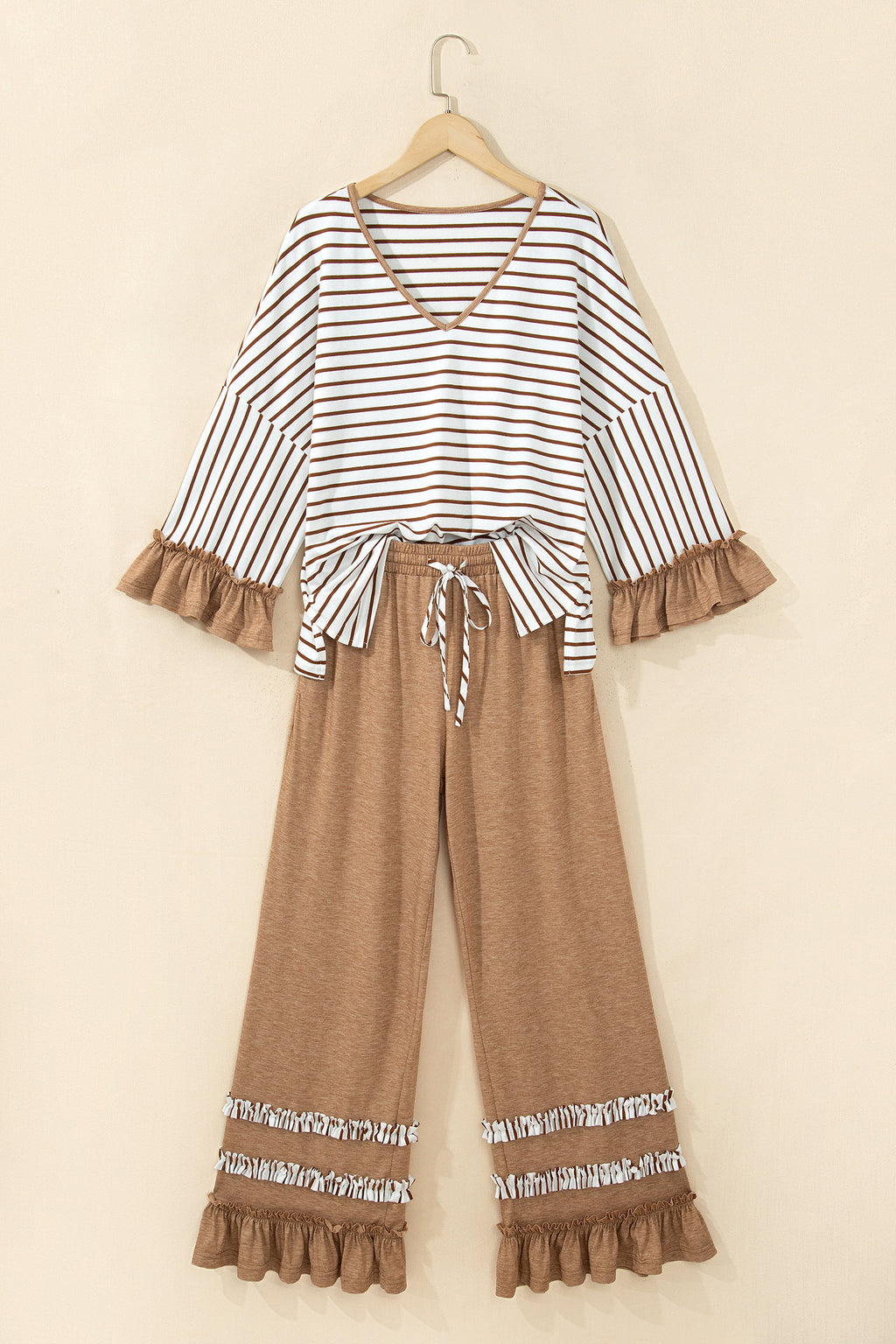 Blue Stripe V Neck Ruffle Contrast Sleeve Top Drawstring Pants 2pcs Set