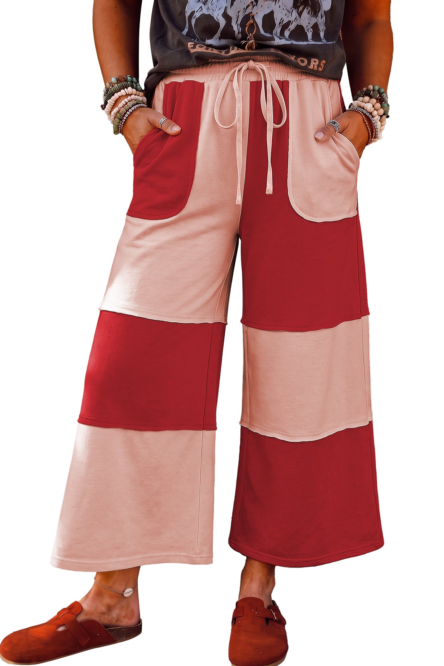 Fiery Red Raw Seam Colorblock Wide Leg Ankle Length Casual Pants