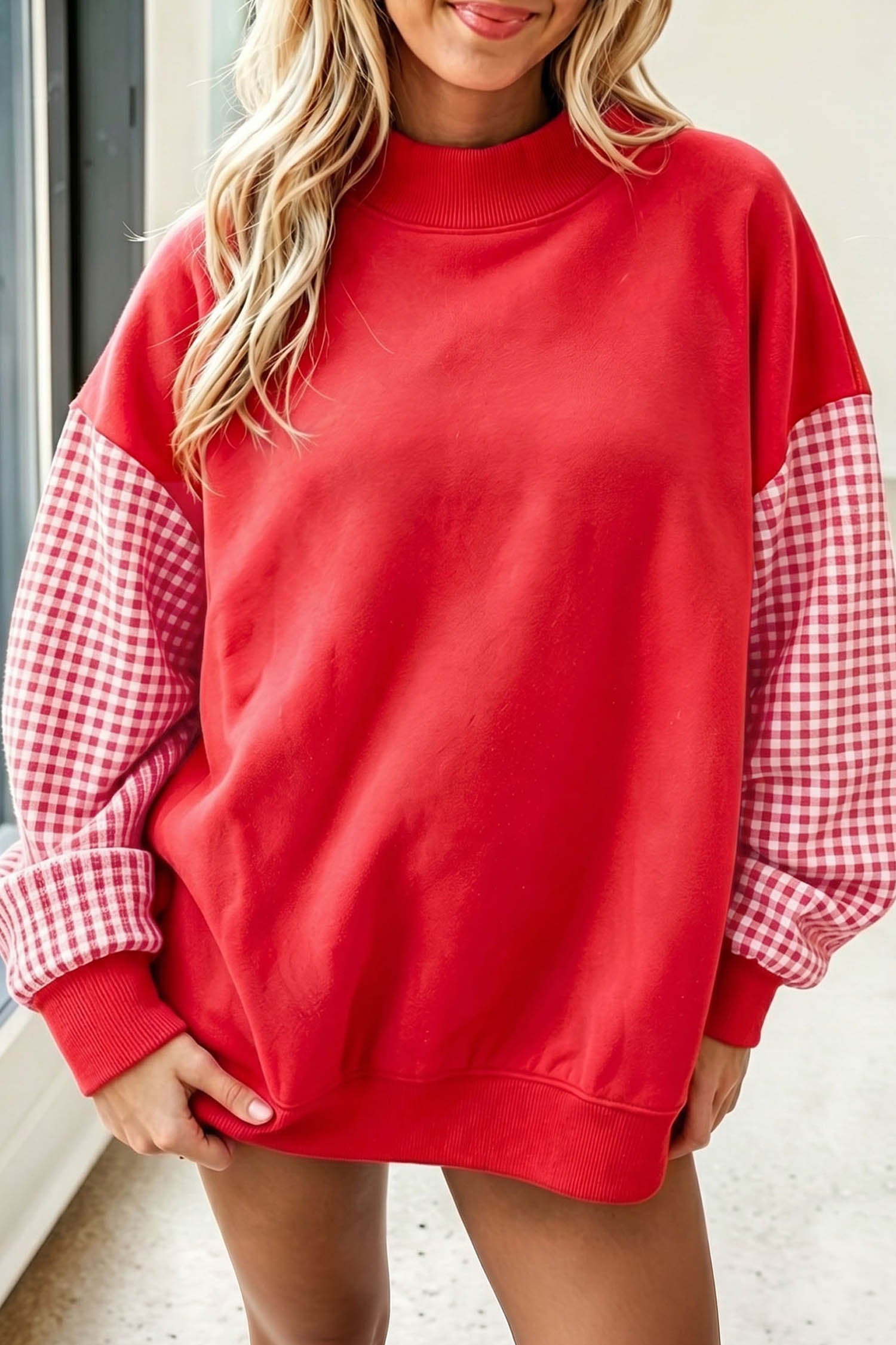Black Plaid Sleeve Colorblock Loose Tunic Sweatshirt