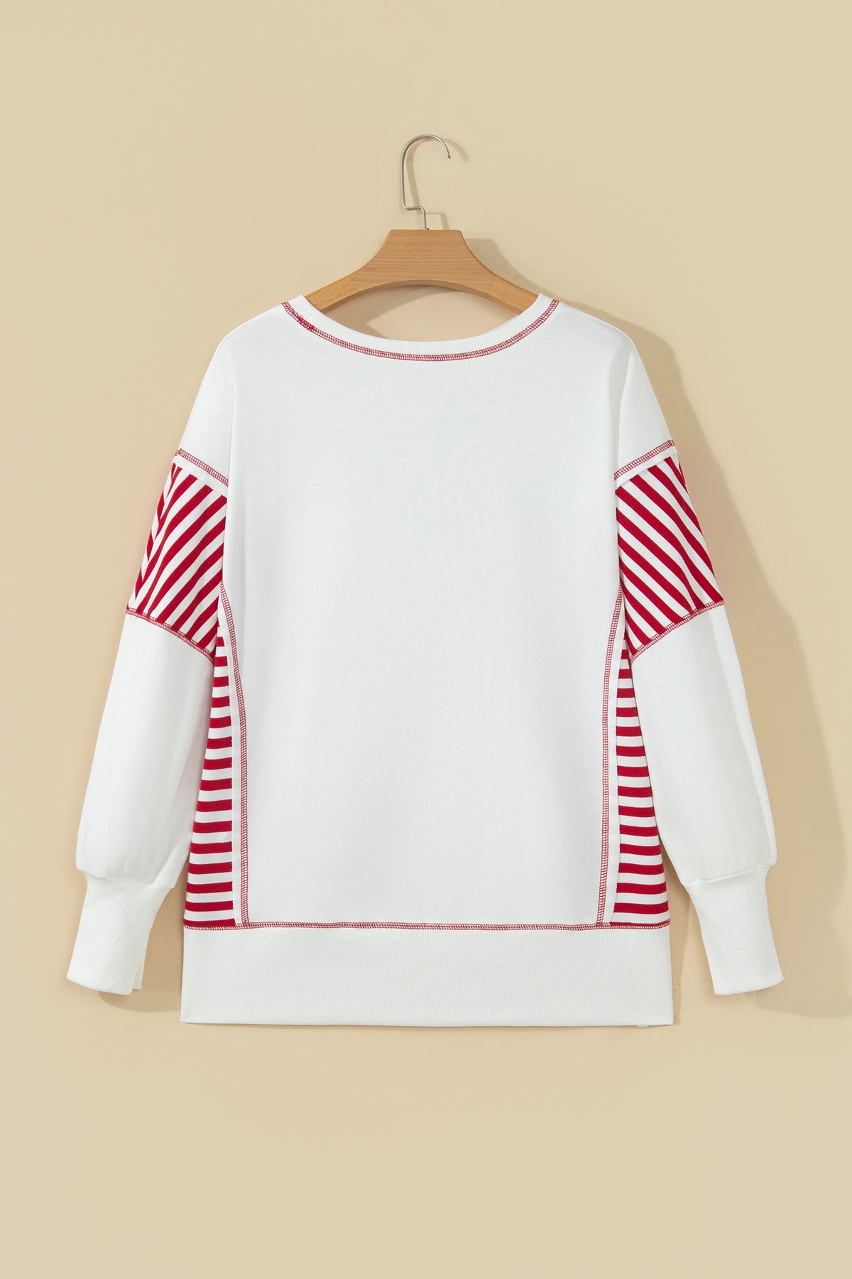 White Striped Contrast Christmas Tree Patchwork Puff Sleeve Top