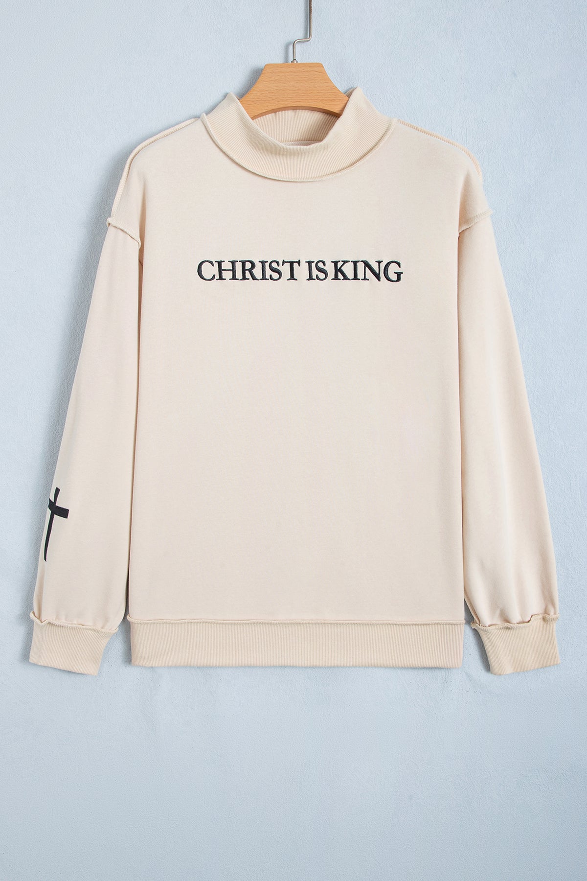 Black CHRIST IS KING Embroidery High Neck Baggy Sweatshirt
