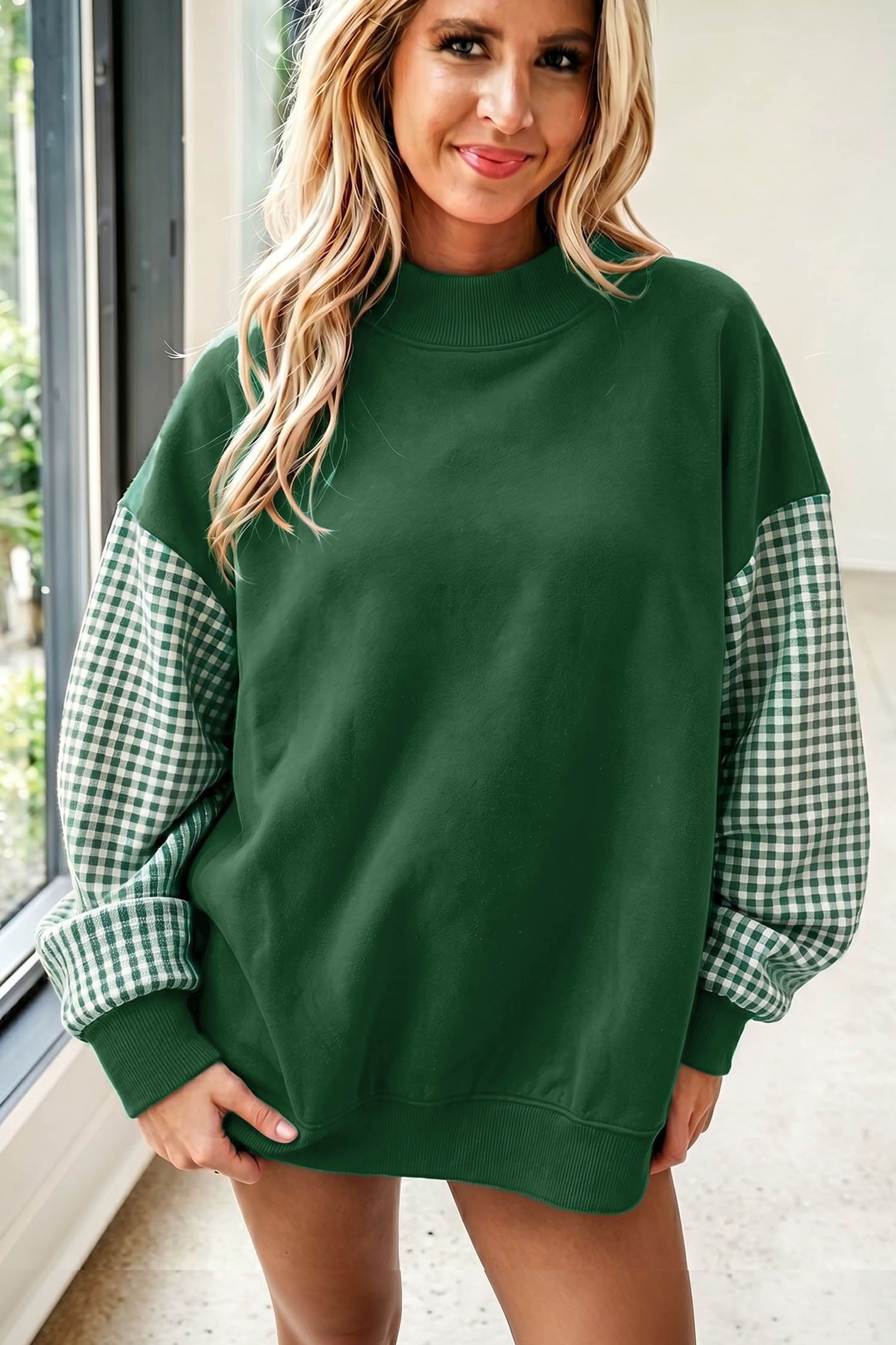 Black Plaid Sleeve Colorblock Loose Tunic Sweatshirt